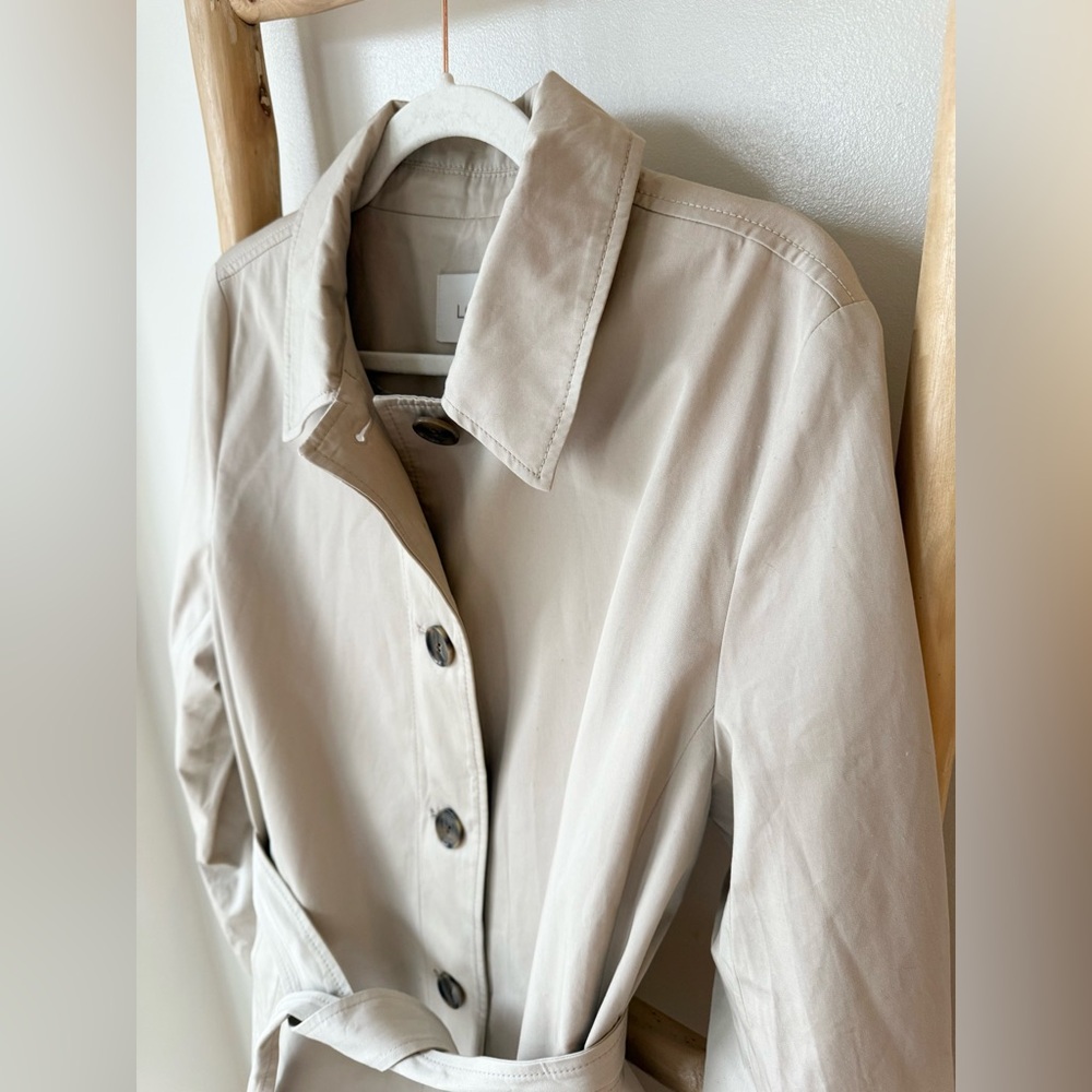 LOFT Ann Taylor Long Tan Khaki Belted Trench Coat Spring Preppy Casual L - Picture 8 of 15